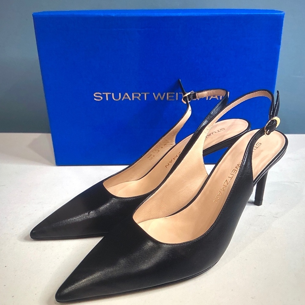 Stuart Weitzman Black Leather Pointed Slingback Pumps - Picture 2 of 5